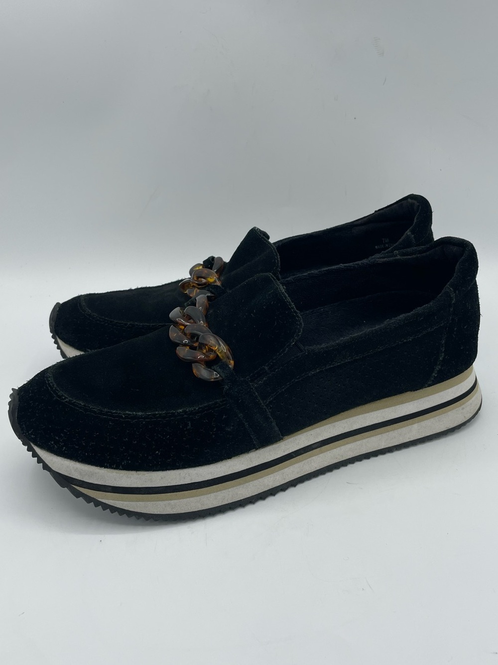Pelle Moda Black Suede Platform Slip-On Loafer with Tortoiseshell Chain
